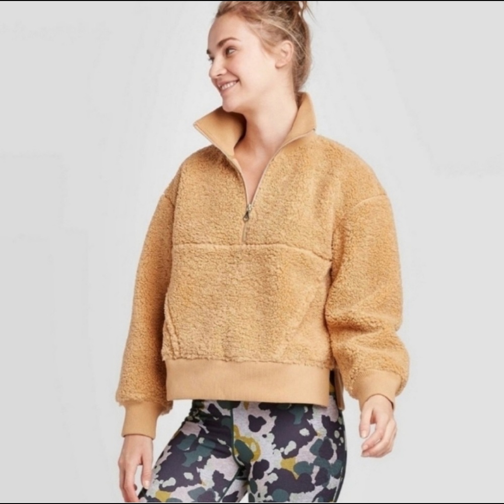 JOYLAB CAMEL TEDDY QUARTER ZIP